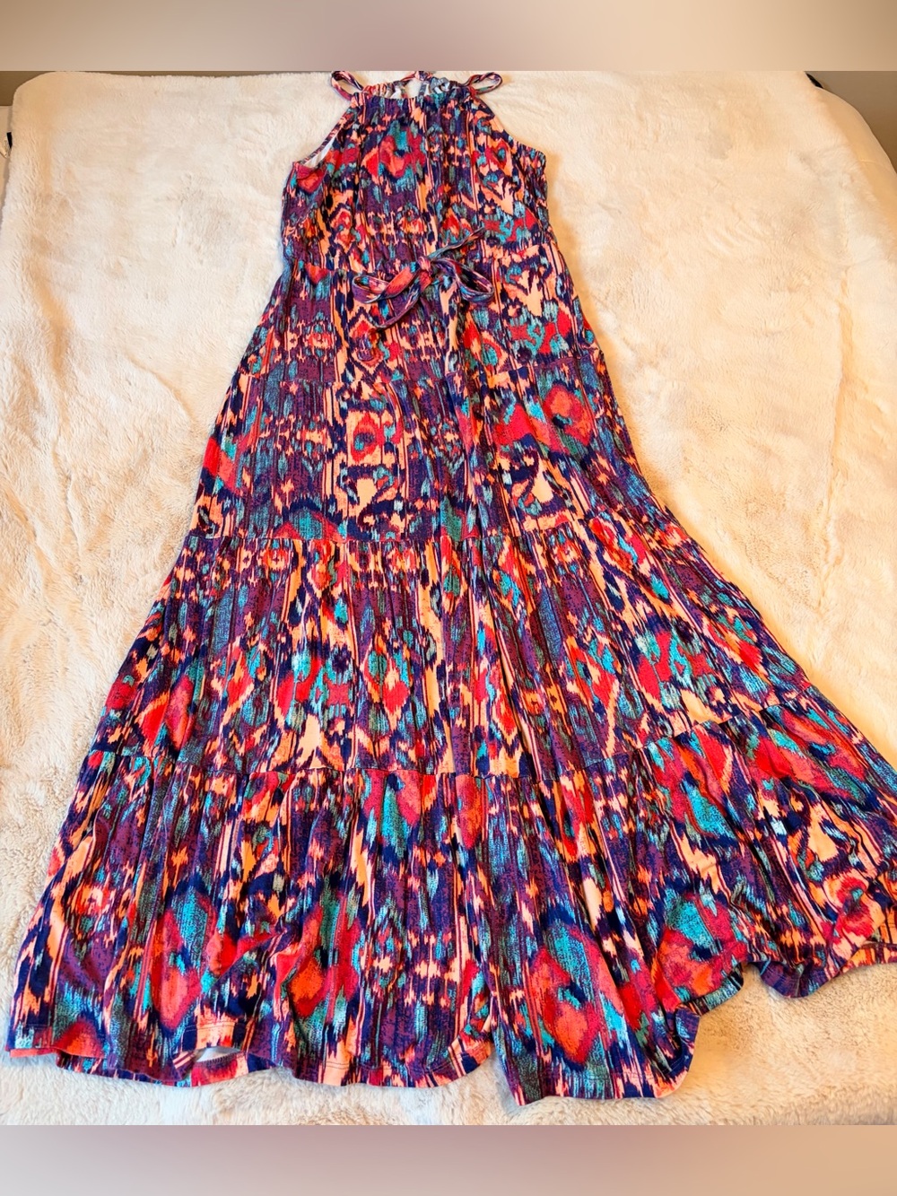 Tart Multicolor Ikat Print Halter Maxi Dress Tie Waist Size M